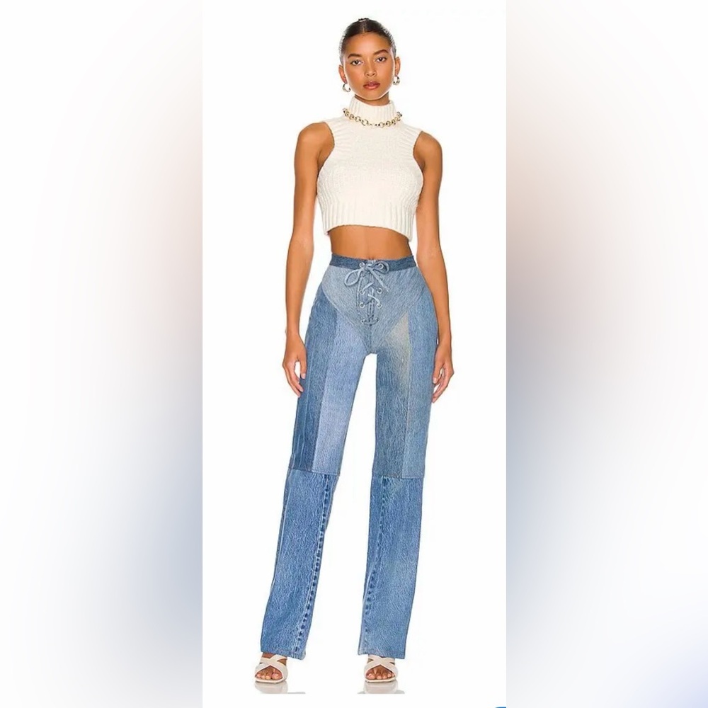 EB Denim Lace-Up Colorblock Jeans in a medium wash size small New